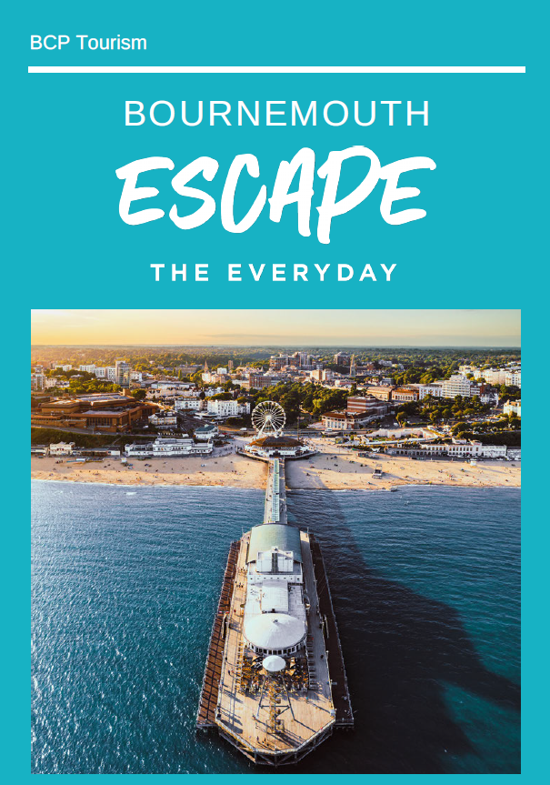 Front page of the Escape the everyday itinerary for Bournemouth with a birds eye shot of Bournemouth Pier and beach